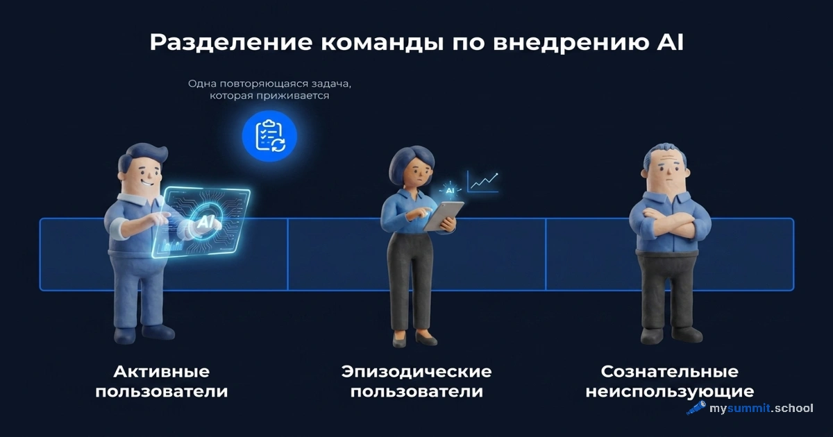 Команда не вся пользуется ИИ. Она делится на трети