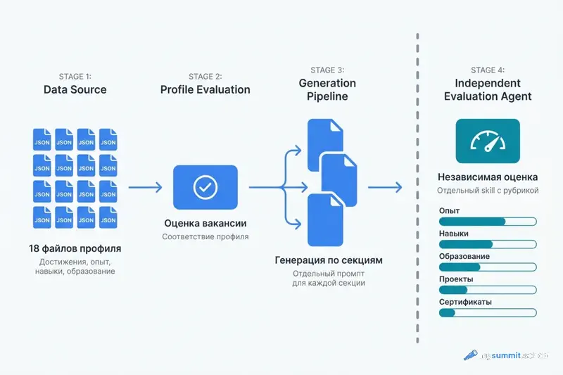 Архитектура конвейера: 18 JSON-файлов профиля -> оценка вакансии -> генерация по секциям -> сборка -> независимая оценка