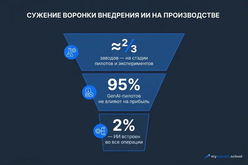 Воронка внедрения ИИ: от массовых пилотов к встроенному в операции ИИ доходят единицы