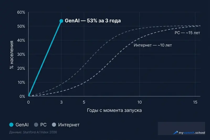 Скорость распространения технологий: GenAI vs PC vs Интернет