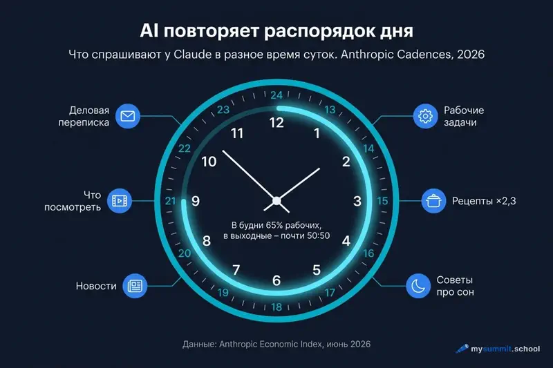 AI повторяет распорядок дня: новости в 7 утра, деловая переписка к 10–11, рецепты в 6 вечера (×2,3), советы про сон в предрассветные часы