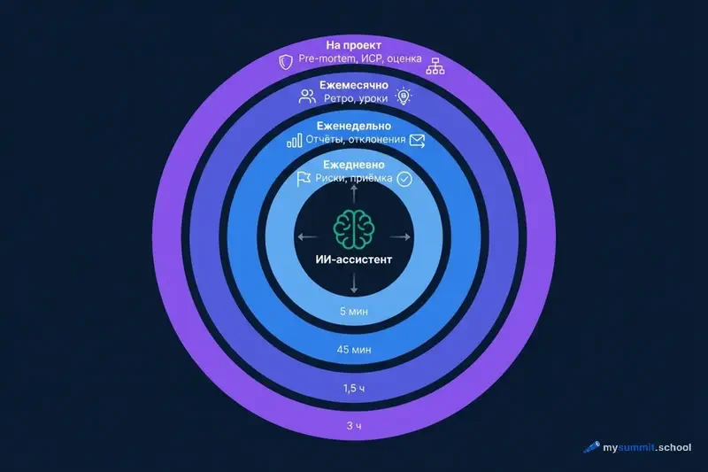Четыре уровня операционного ритма PM с ИИ-ассистентом в центре
