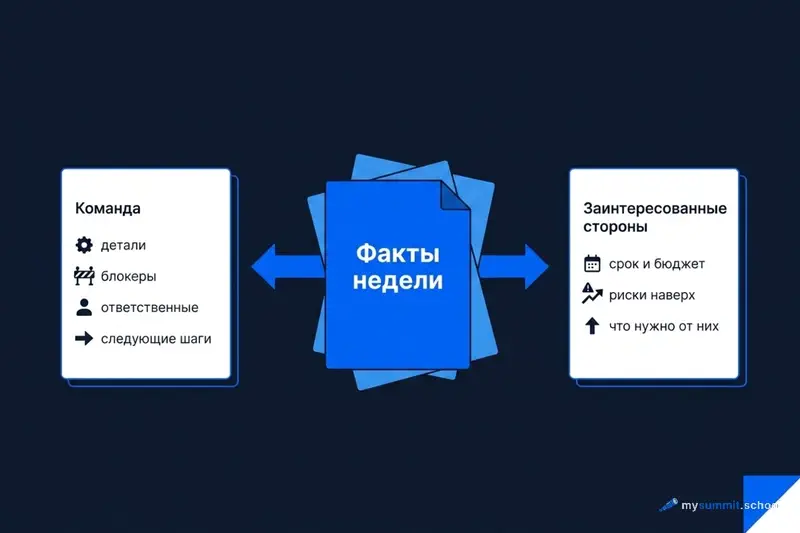 Один набор фактов недели разворачивается в два статуса: для команды – детали, блокеры, ответственные, следующие шаги; для заинтересованных сторон – срок и бюджет, риски наверх, что нужно от них