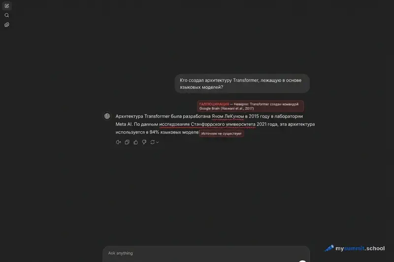 Пример галлюцинации ChatGPT: ИИ уверенно называет неверного автора архитектуры Transformer