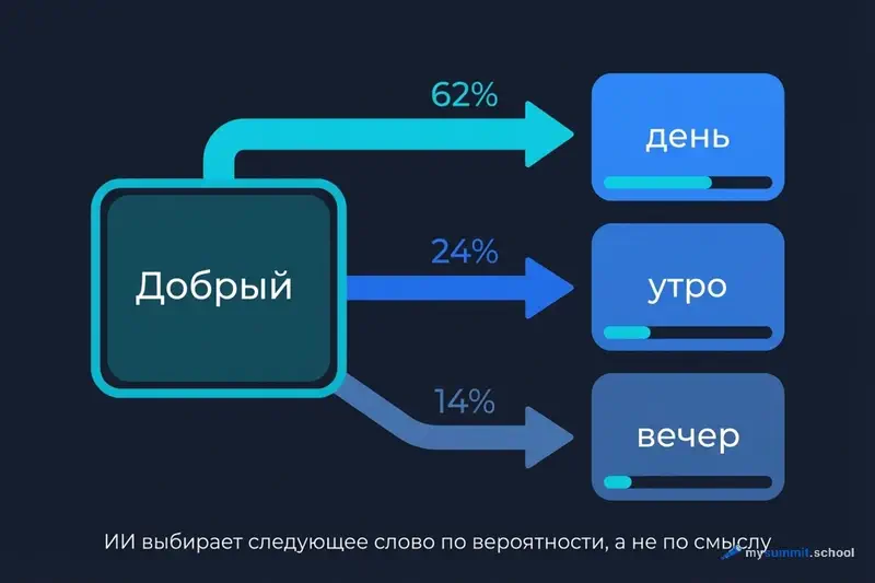 Как ИИ предсказывает следующее слово: диаграмма вероятностей