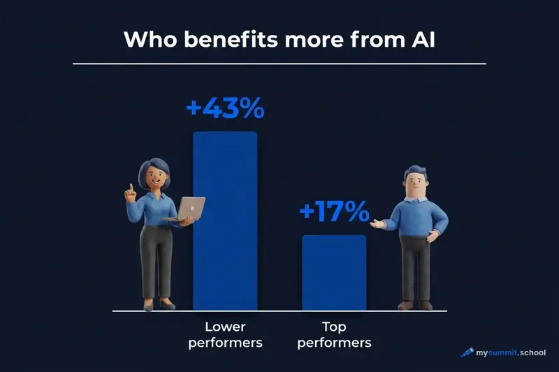 Who benefits more from AI: +43% for lower performers vs. +17% for top performers