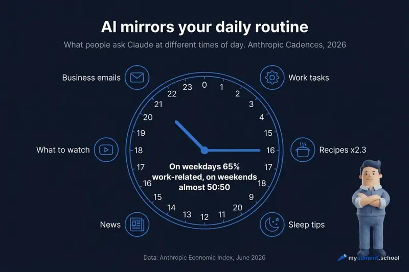 AI mirrors the daily routine: news at 7 AM, business correspondence at 10-11 AM, recipes at 6 PM (x2.3), sleep advice in the pre-dawn hours