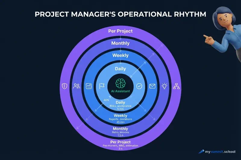 Four levels of the PM&rsquo;s operational rhythm with an AI assistant at the centre