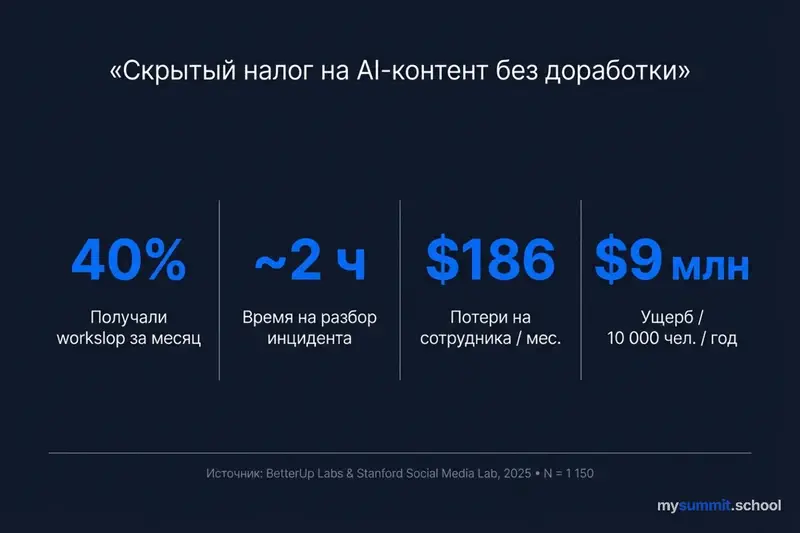 The hidden AI content tax: 40% received workslop, ~2 hours to deal with it, $186/month in losses, $9M/year per 10,000 employees. Source: BetterUp Labs & Stanford, 2025