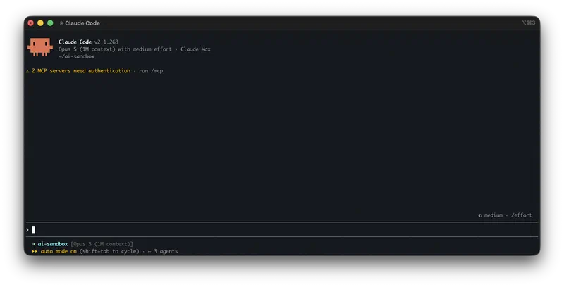 Claude Code 2.1.263 on Opus 5, auto mode and three subagents
