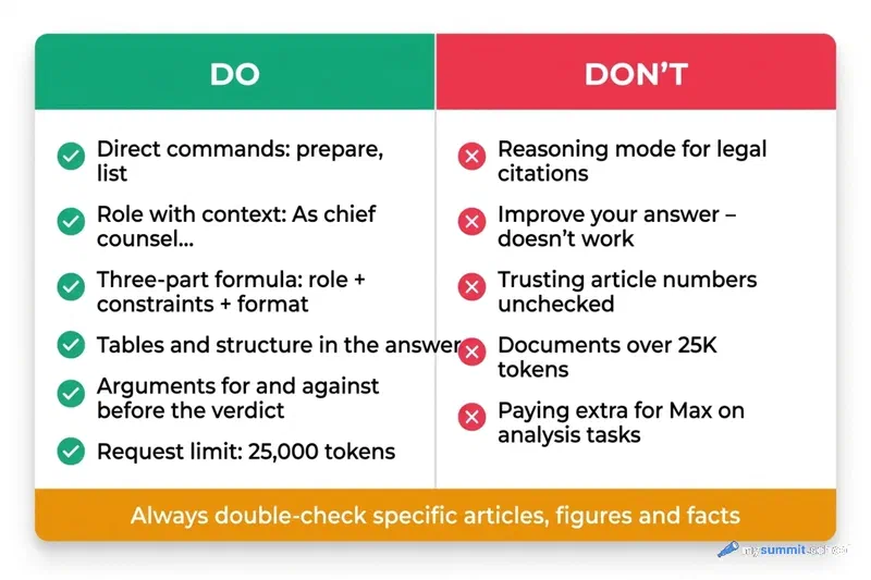 GigaChat cheat sheet: techniques that work (direct commands, role with context, three-part formula) and mistakes to avoid (reasoning mode, iterations, trusting article numbers)