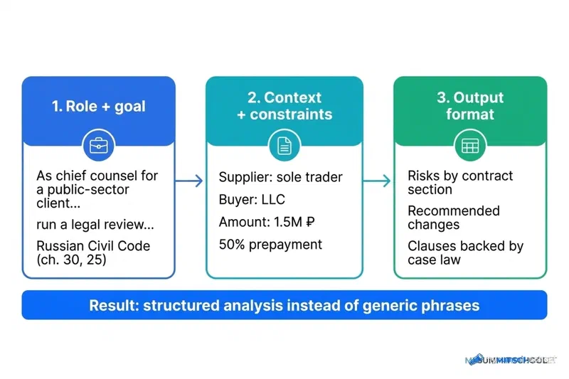 The three-part prompt formula for GigaChat: role and goal, context and constraints, output format – with examples from a legal task