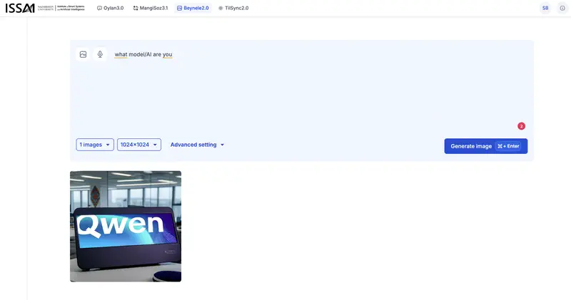 Beynele, when asked &ldquo;what model are you,&rdquo; generates an image with Alibaba Cloud&rsquo;s Qwen logo