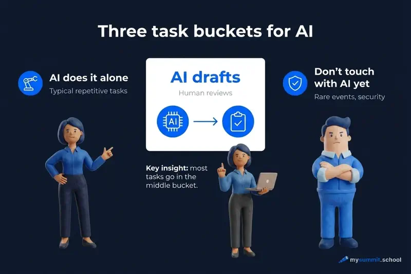 Three task buckets for AI: “does it alone,” “drafts for human approval,” “leave it out for now”