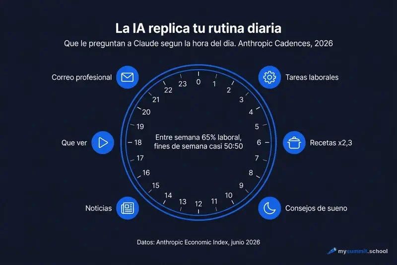La IA replica la rutina diaria: noticias a las 7 h, correspondencia profesional a las 10–11 h, recetas a las 18 h (x2,3), consejos para dormir en la madrugada