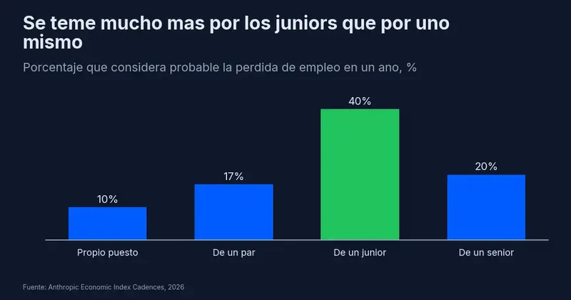 Proporción que considera probable la pérdida de empleo en el próximo año: propio 10%, compañero del mismo nivel 17%, compañero junior 40%, compañero senior 20%