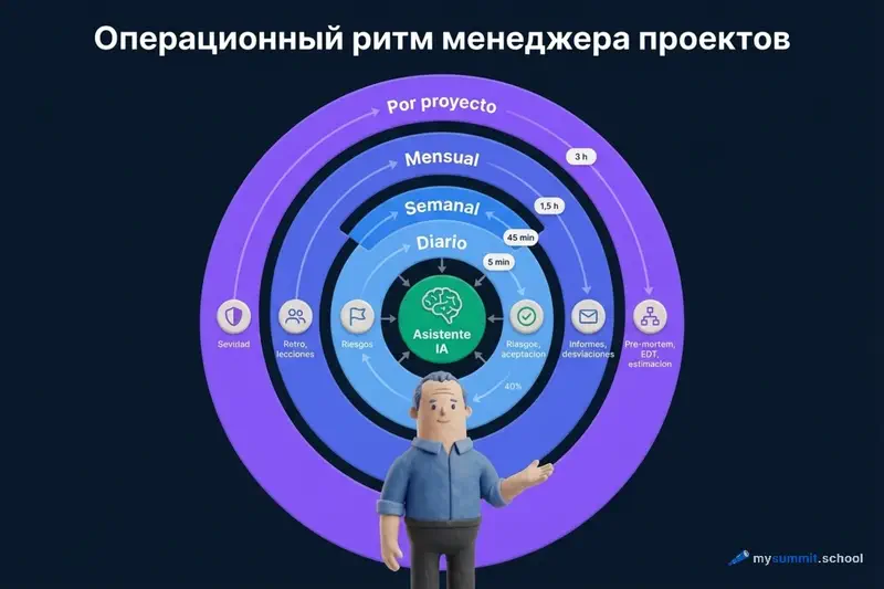 Cuatro niveles del ritmo operativo del PM con un asistente de IA en el centro