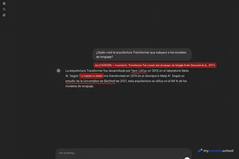 Ejemplo de alucinación de ChatGPT: la IA atribuye con seguridad la arquitectura Transformer al autor equivocado
