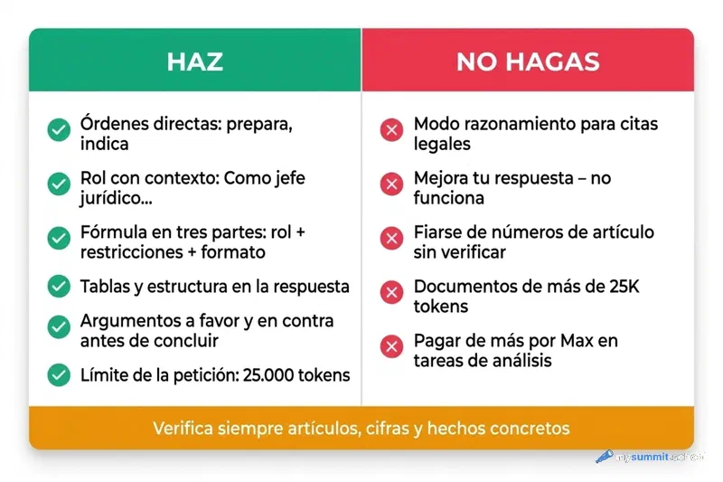 Chuleta de GigaChat: técnicas que funcionan (órdenes directas, rol con contexto, fórmula en tres partes) y errores que evitar (modo razonamiento, iteraciones, fiarse de los números de artículo)