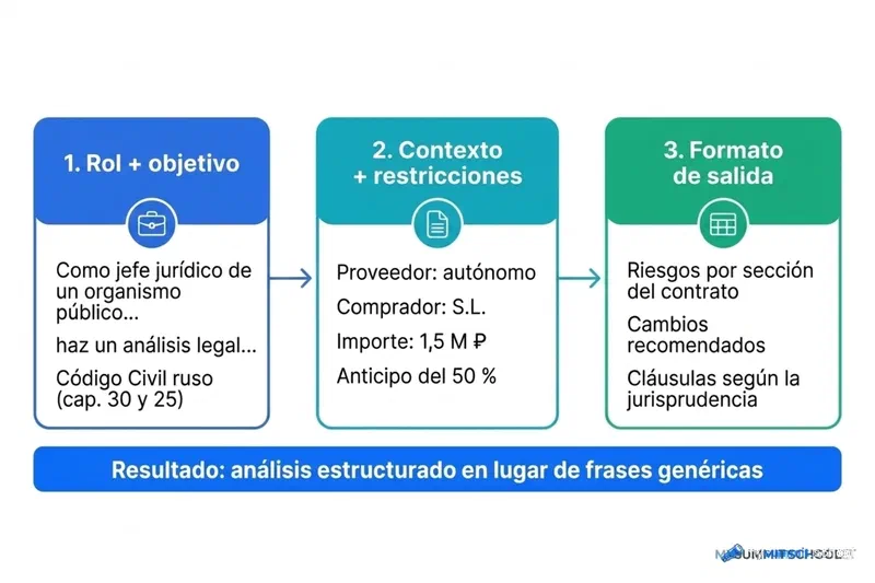 La fórmula de prompt en tres partes para GigaChat: rol y objetivo, contexto y restricciones, formato de salida, con ejemplos de una tarea jurídica