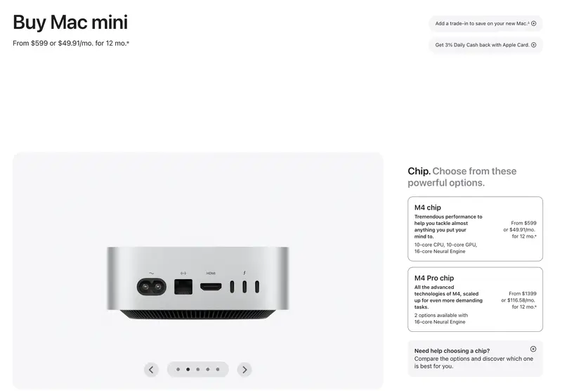Mac Mini en la web de Apple, con 16 GB