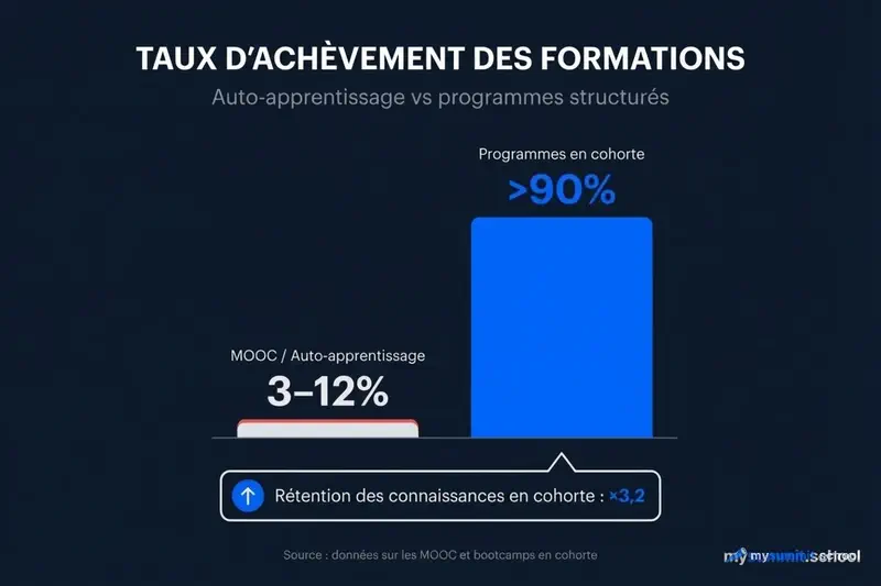 Porcentaje de finalización: autoaprendizaje vs programas de cohorte