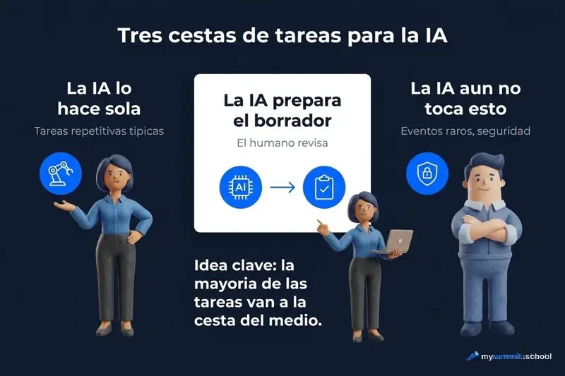 Tres grupos de tareas para IA: la IA lo hace sola, borrador con aprobación humana, sin IA por ahora