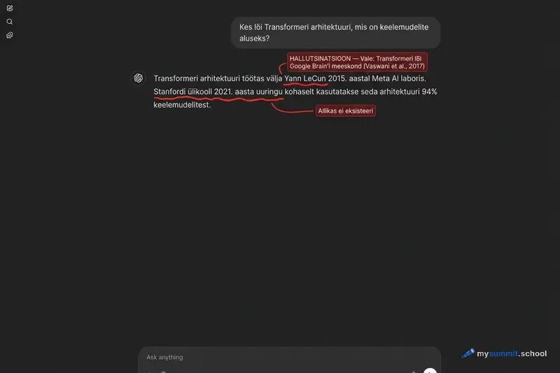 Näide ChatGPT hallutsinatsioonist: AI nimetab enesekindlalt Transformeri arhitektuuri vale autori