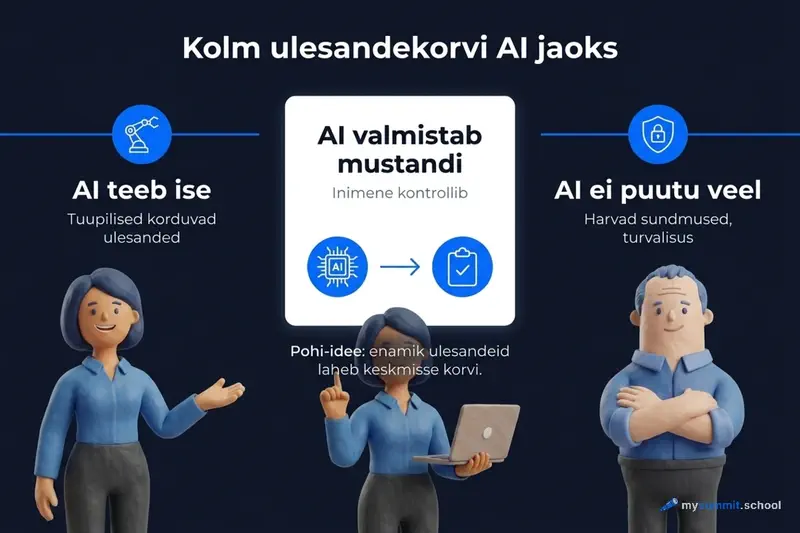 TI ülesannete kolm korvi: „teeb ise", „valmistab mustandi", „praegu ei puutu"