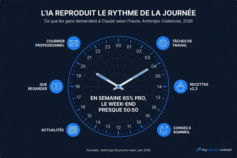 L’IA reproduit l’emploi du temps quotidien : actualites a 7 h, correspondance professionnelle vers 10-11 h, recettes a 18 h (x2,3), conseils sommeil aux heures d’avant l’aube