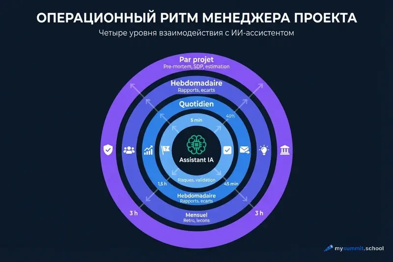 Quatre niveaux de rythme operationnel du PM avec un assistant IA au centre