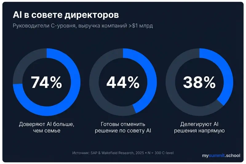 L&rsquo;IA au conseil d&rsquo;administration : 74 % font plus confiance à l&rsquo;IA qu&rsquo;à leur famille, 44 % prêts à annuler une décision sur conseil de l&rsquo;IA. Source : SAP & Wakefield Research, 2025