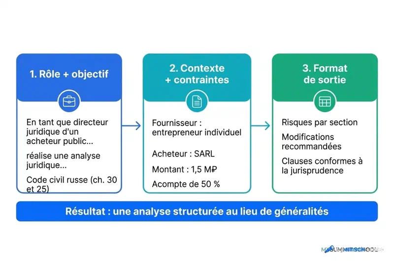 La formule de prompt en trois temps pour GigaChat : rôle et objectif, contexte et contraintes, format de sortie – avec des exemples tirés d&rsquo;une tâche juridique