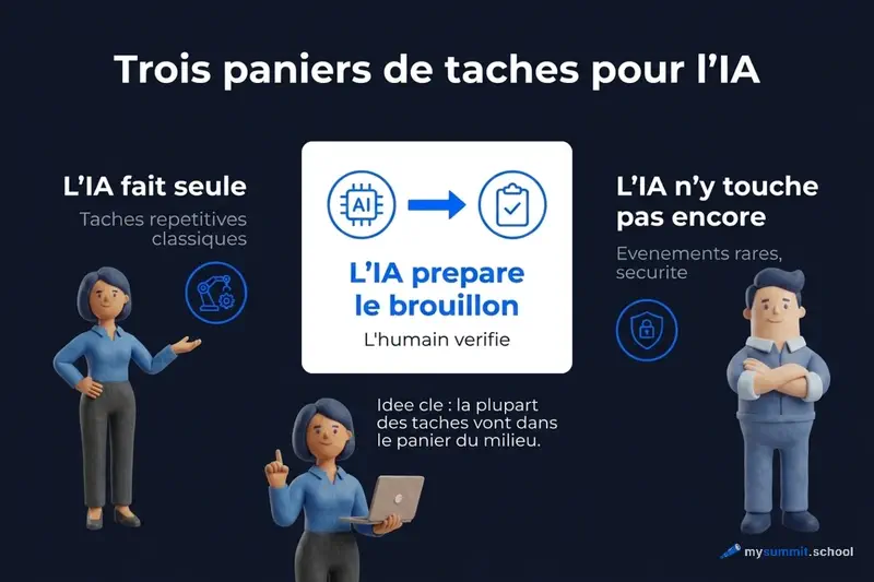 Trois catégories de tâches IA : « fait seule », « prépare un brouillon », « on ne touche pas pour l’instant »