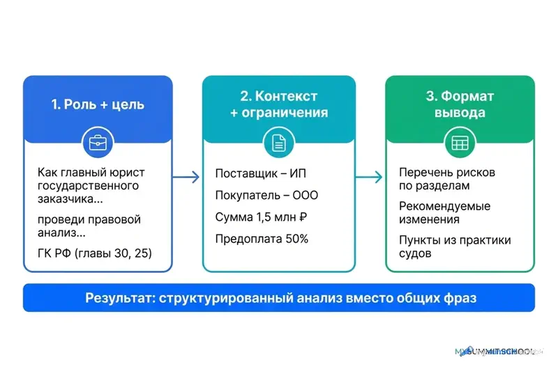 Трёхэтапная формула промпта для GigaChat: роль и цель, контекст и ограничения, формат вывода – с примерами из юридической задачи