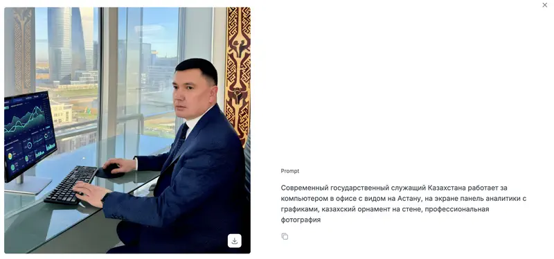 Результат генерации в Beynele: госслужащий за компьютером в офисе с видом на Астану, казахский орнамент на стене, аналитические графики на экране