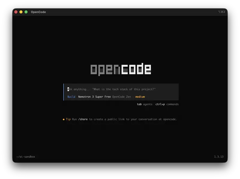 Окно OpenCode