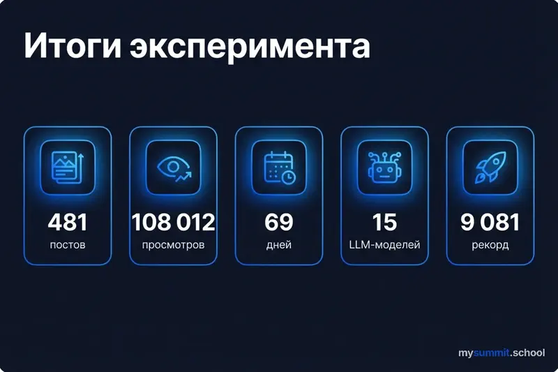 Инфографика с ключевыми метриками эксперимента: 481 пост, 108 тыс. просмотров, рост +137%