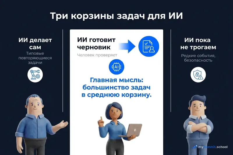 Три корзины задач для ИИ: «делает сам», «готовит черновик», «пока не трогаем»