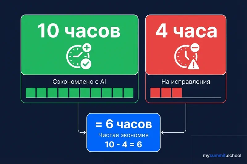 Расчёт AI Tax: 10 часов сэкономлено – 4 часа на исправления = 6 часов чистой экономии
