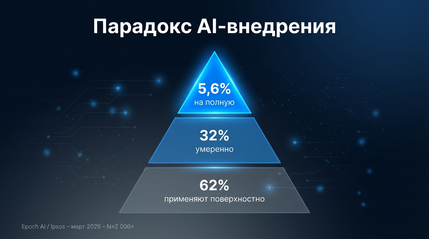 62% пользователей применяют ИИ на 1–2 задачи: данные Epoch AI / Ipsos (март 2026)