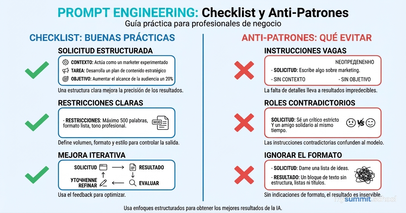 Prompts 2026: 7 errores que matan la calidad + checklist del prompt perfecto