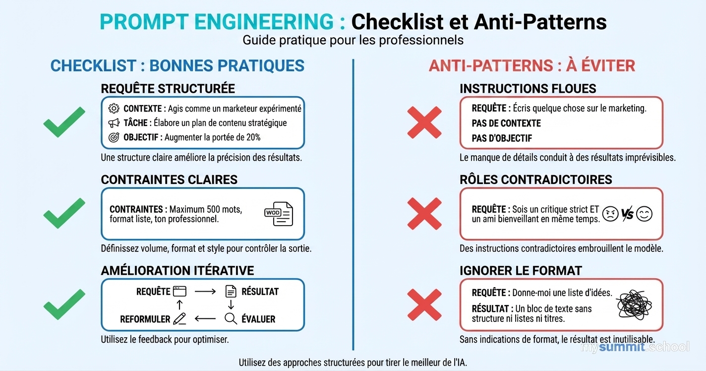 Prompts 2026 : 7 erreurs qui tuent la qualité + checklist du prompt parfait