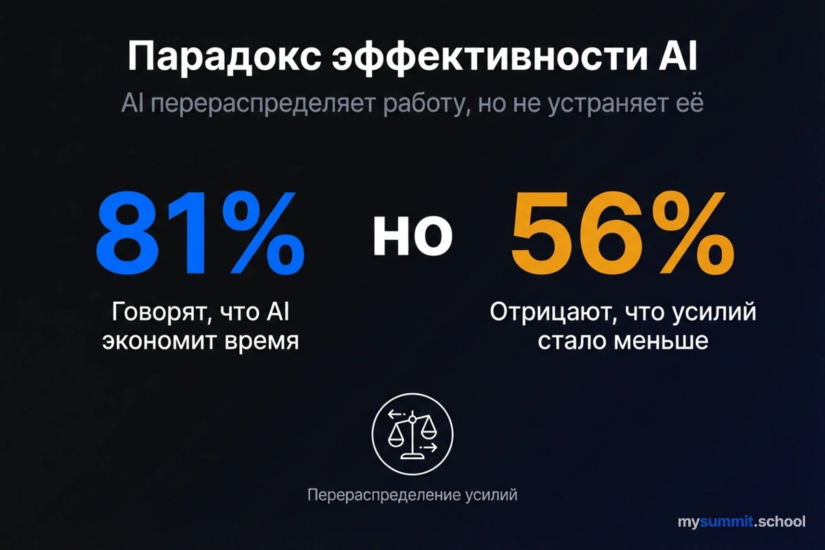 Парадокс AI: 81% говорят об экономии, 56% отрицают снижение усилий