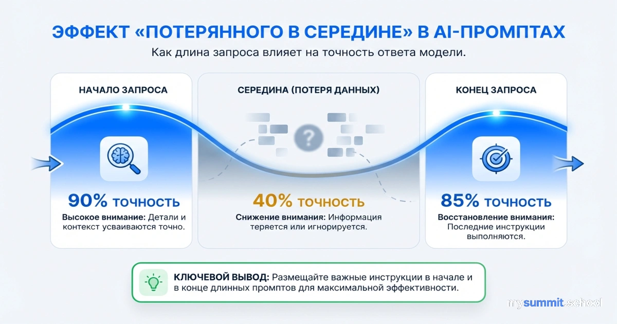 Промпты 2026: почему AI теряет 30% данных в середине – 3 техники + таблица