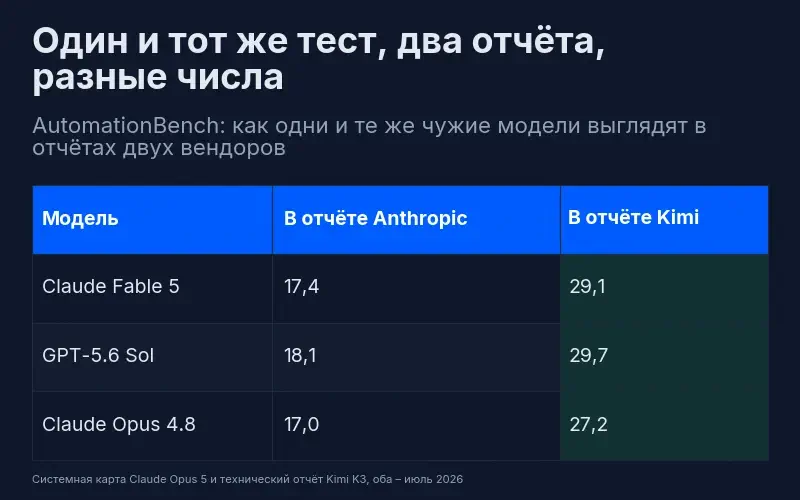 Один и тот же тест AutomationBench в двух отчётах: Claude Fable 5 – 17,4 у Anthropic и 29,1 у Kimi; GPT-5.6 Sol – 18,1 и 29,7; Claude Opus 4.8 – 17,0 и 27,2
