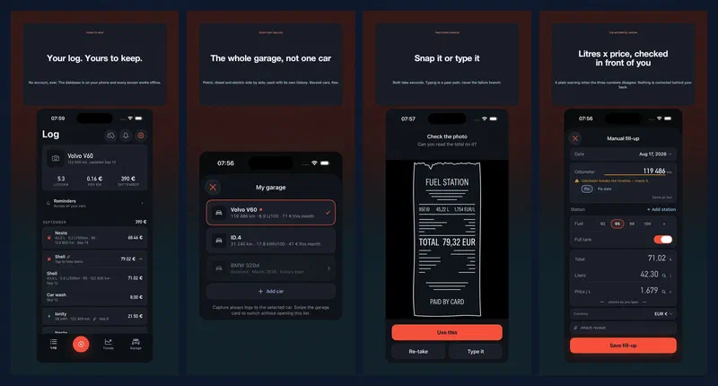 Страница Tankbook в App Store: журнал заправок, гараж из нескольких машин, распознавание чека по фото и ручной ввод с проверкой литров и цены